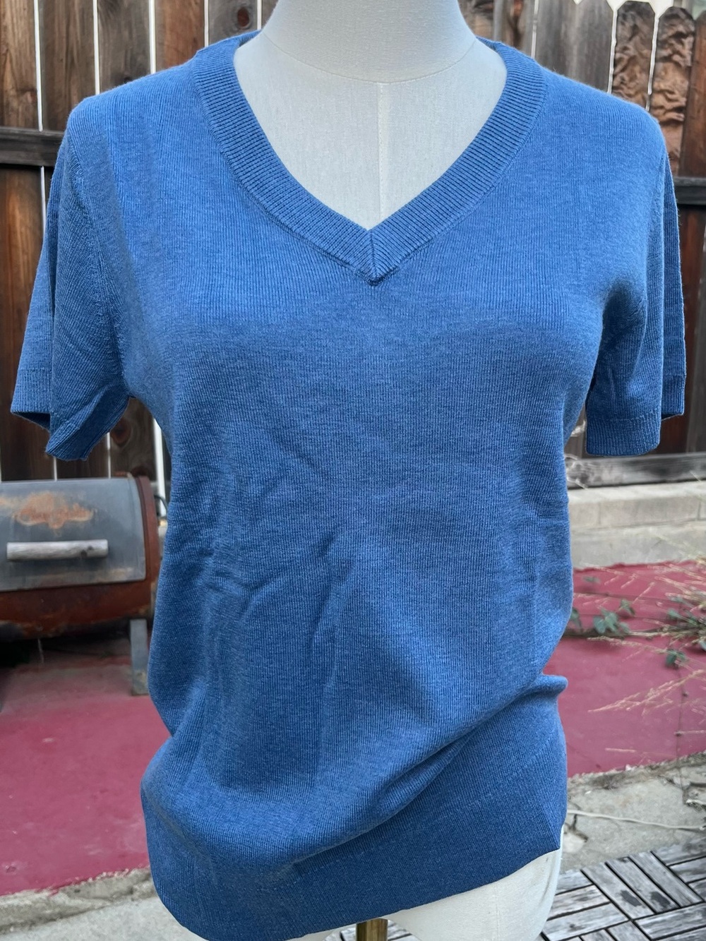 Blue V-Neck Short Sleeve Sweater - Picture 3 of 8